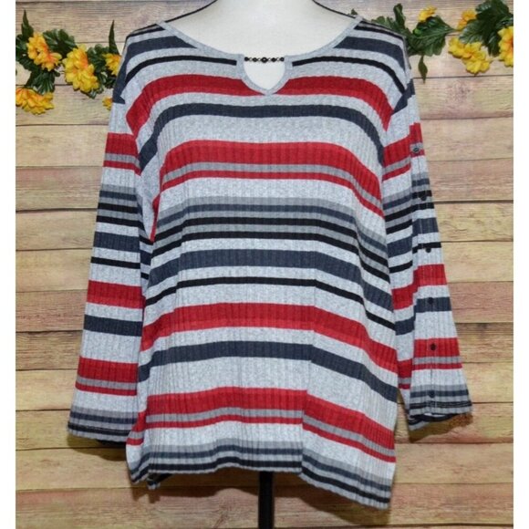 Alfred Dunner Women's 2X Striped Ribbed 3/4 Sleeve Knit Top Shirt Beaded V-Neck - Picture 1 of 12